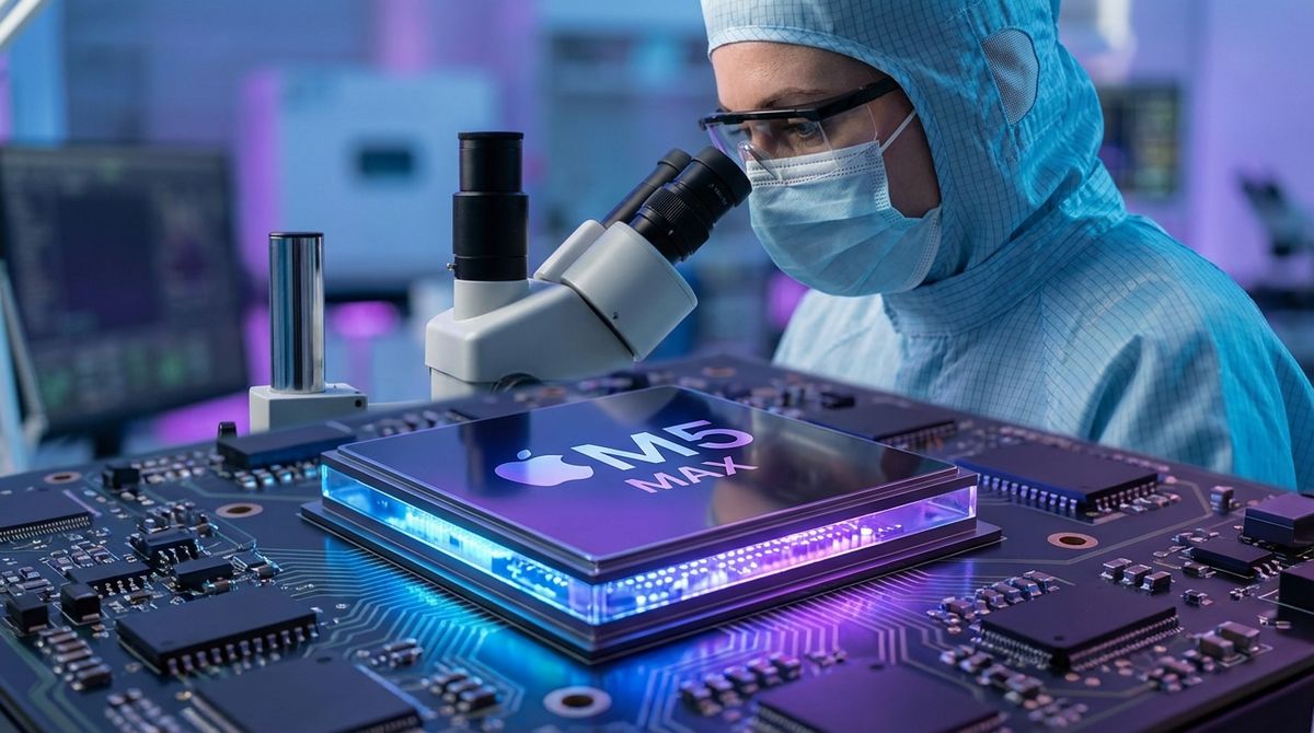 Ingenieurin untersucht einen Apple M5 Chip im Reinraumlabor