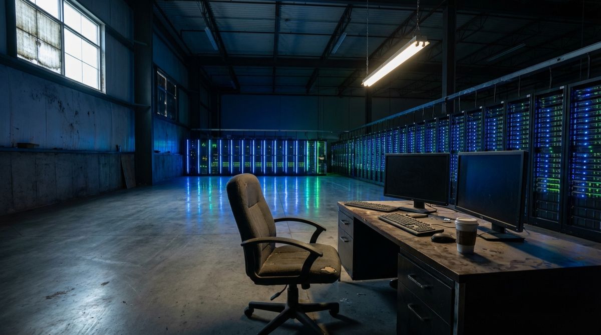 Leeres Rechenzentrum mit endlosen GPU-Racks — ein Sinnbild für Metas milliardenschwere Infrastruktur, die bisher kein Spitzenmodell hervorgebracht hat