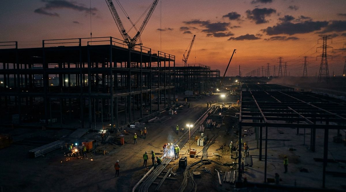 Rechenzentrum-Baustelle bei Sonnenuntergang — die physische Infrastruktur hinkt dem KI-Fortschritt hinterher