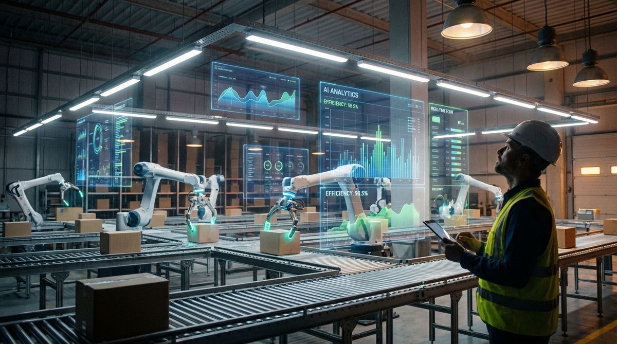 Moderne Lagerhalle mit Robotern und digitalen Anzeigetafeln