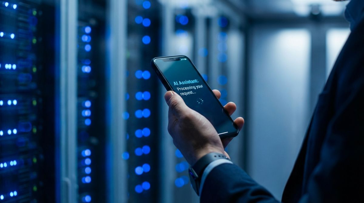 Smartphone mit KI-Interface vor Server-Infrastruktur