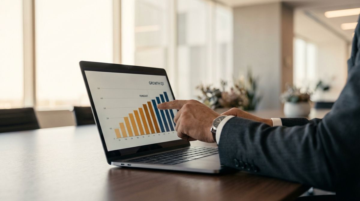 Geschäftsentscheider analysiert KI-Ausgabedaten am Laptop