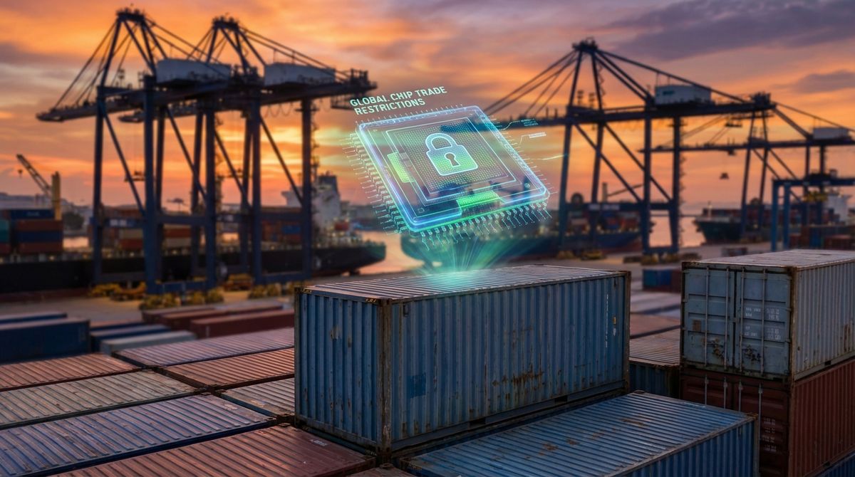 Containerhafen mit symbolischem KI-Chip — globaler Chip-Handel