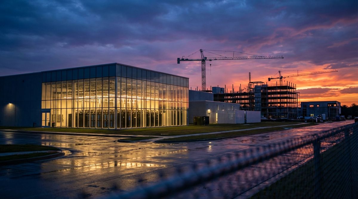 Rechenzentrum mit Serverracks und Baustelle im Hintergrund